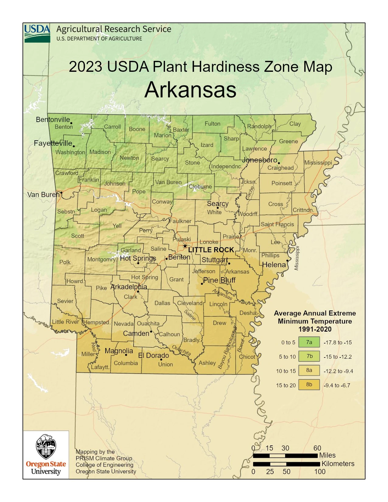 Arkansas State Plant Hardiness Zone Map 2023