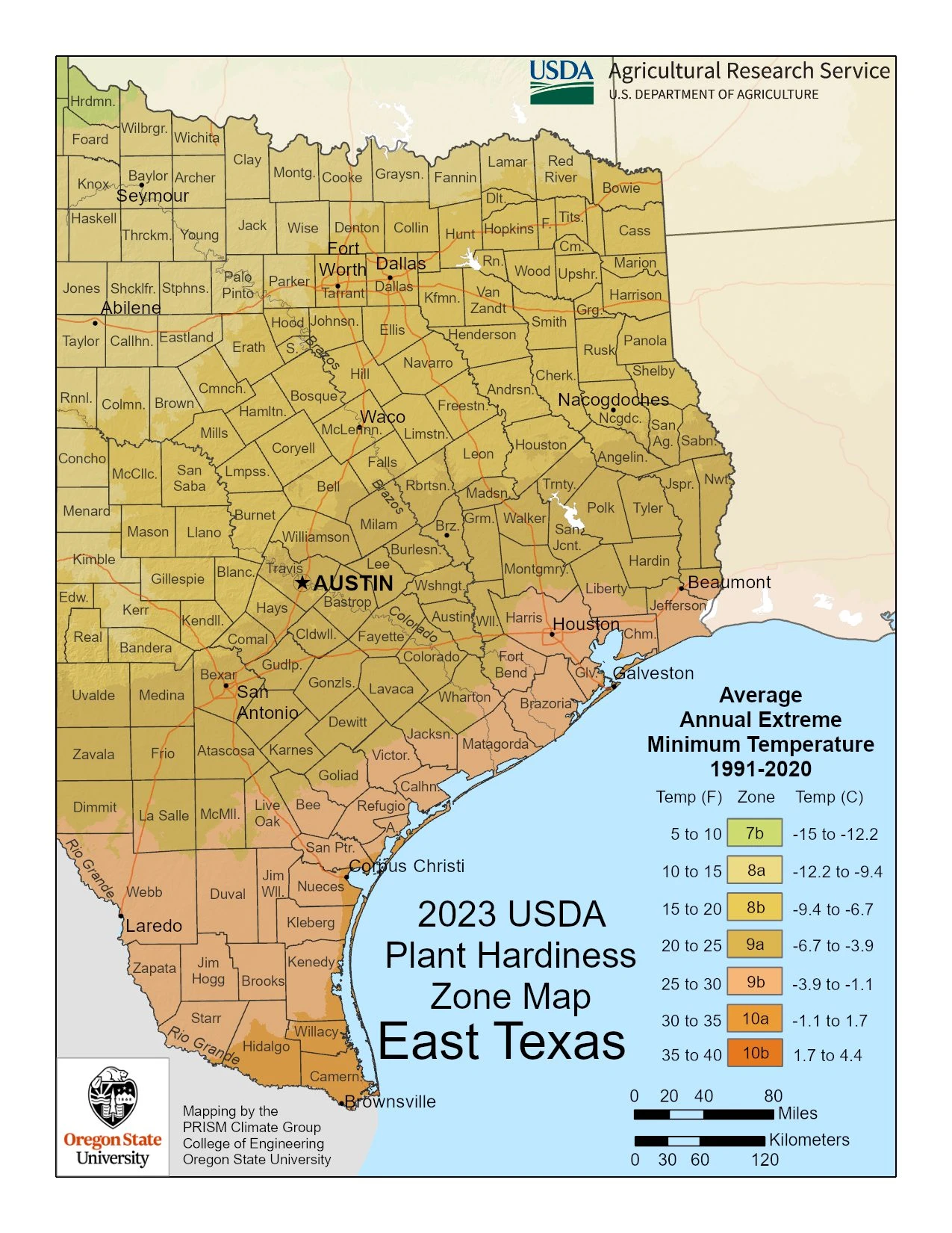 Texas (East) State Plant Hardiness Zone Map 2023