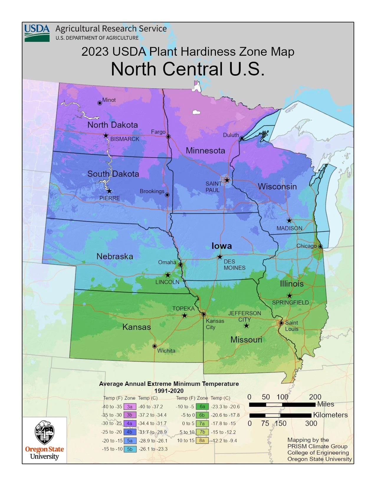 north central region 2023 USDA plant hardiness zone map