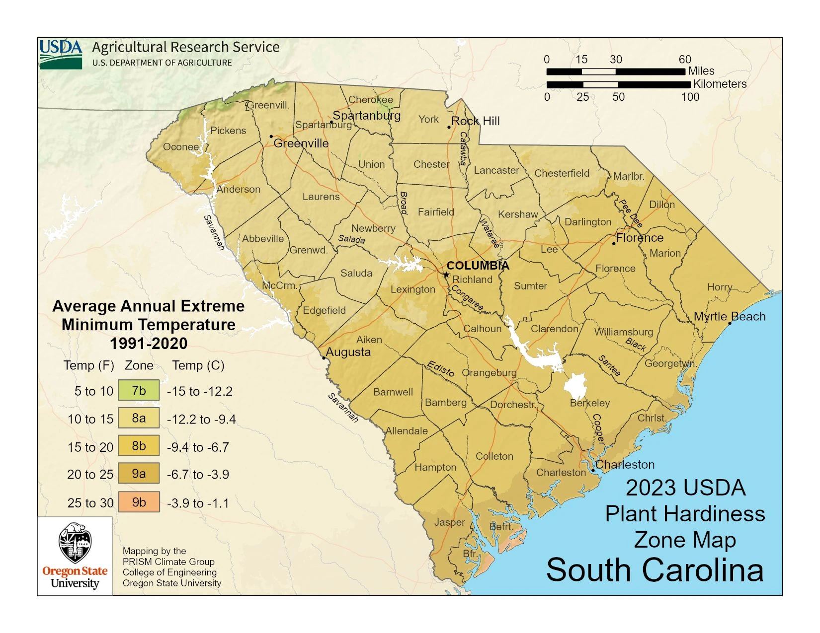 South Carolina State Plant Hardiness Zone Map 2023