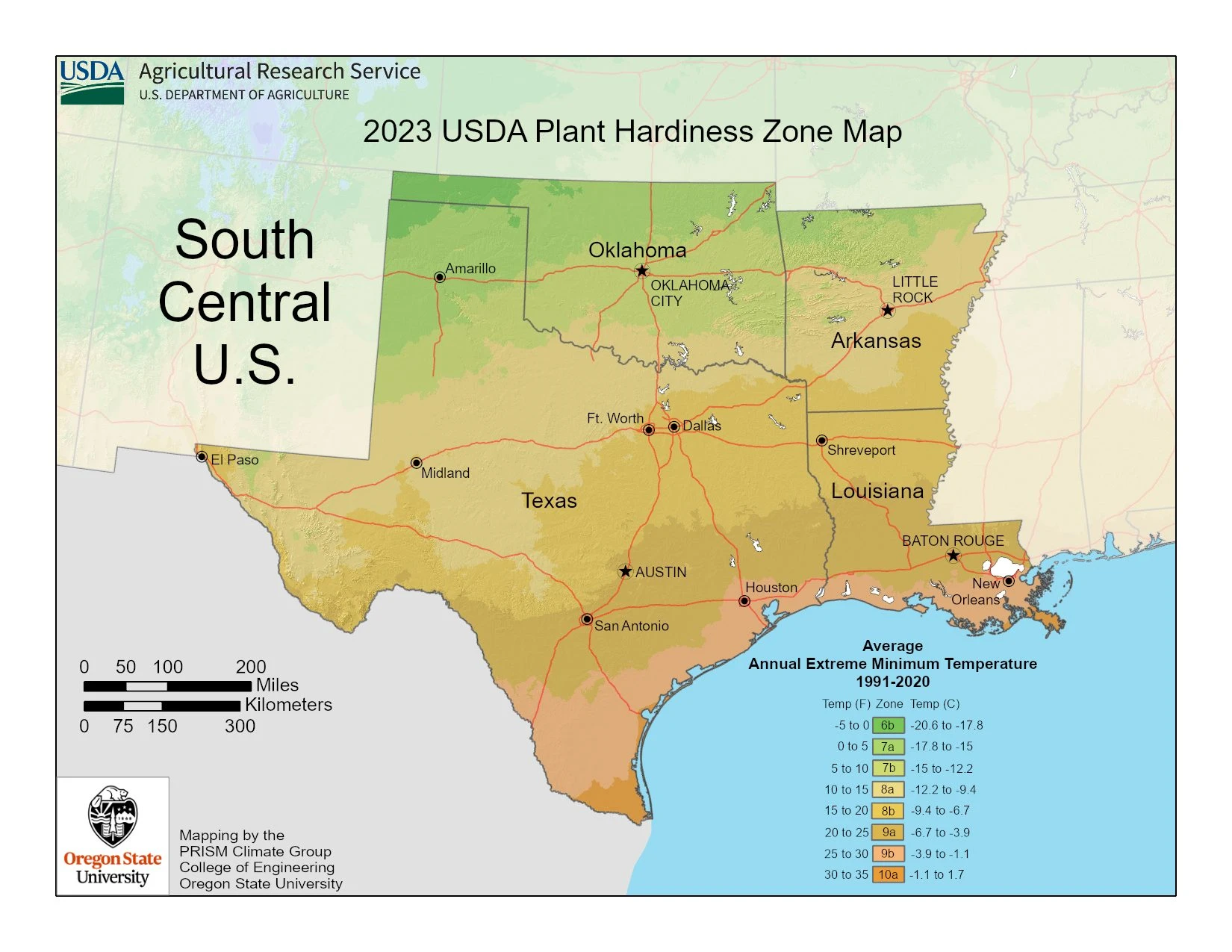 south central region 2023 USDA plant hardiness zone map