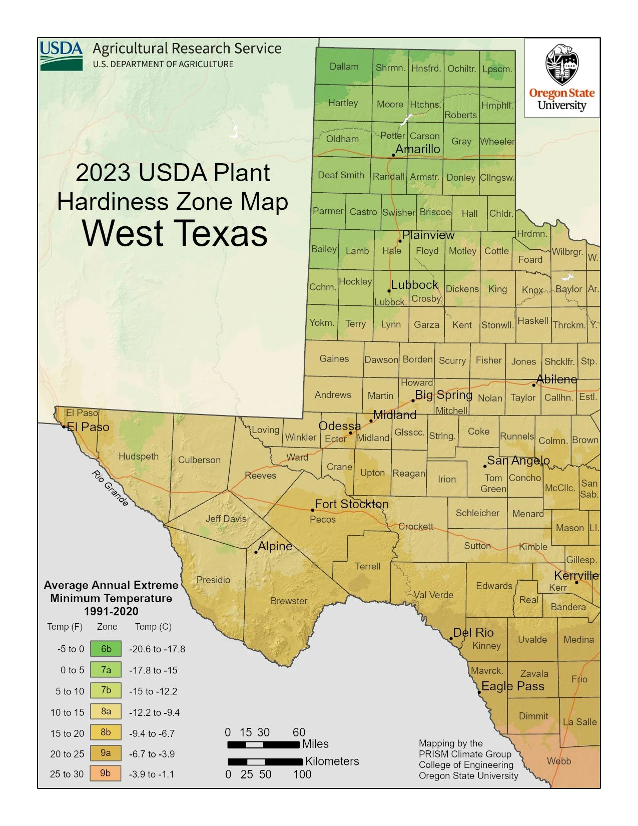 Texas (West) State Plant Hardiness Zone Map 2023