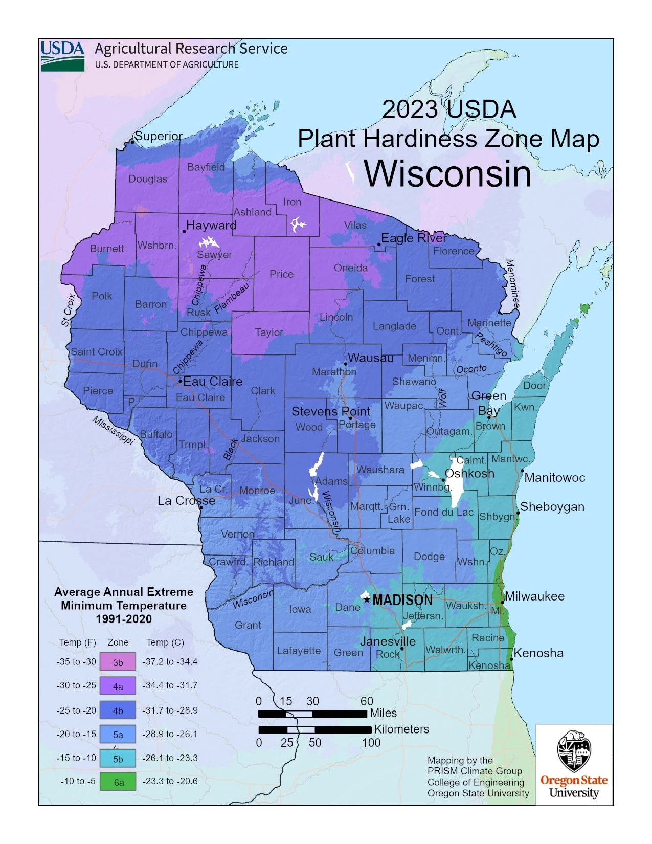 Wisconsin State Plant Hardiness Zone Map 2023